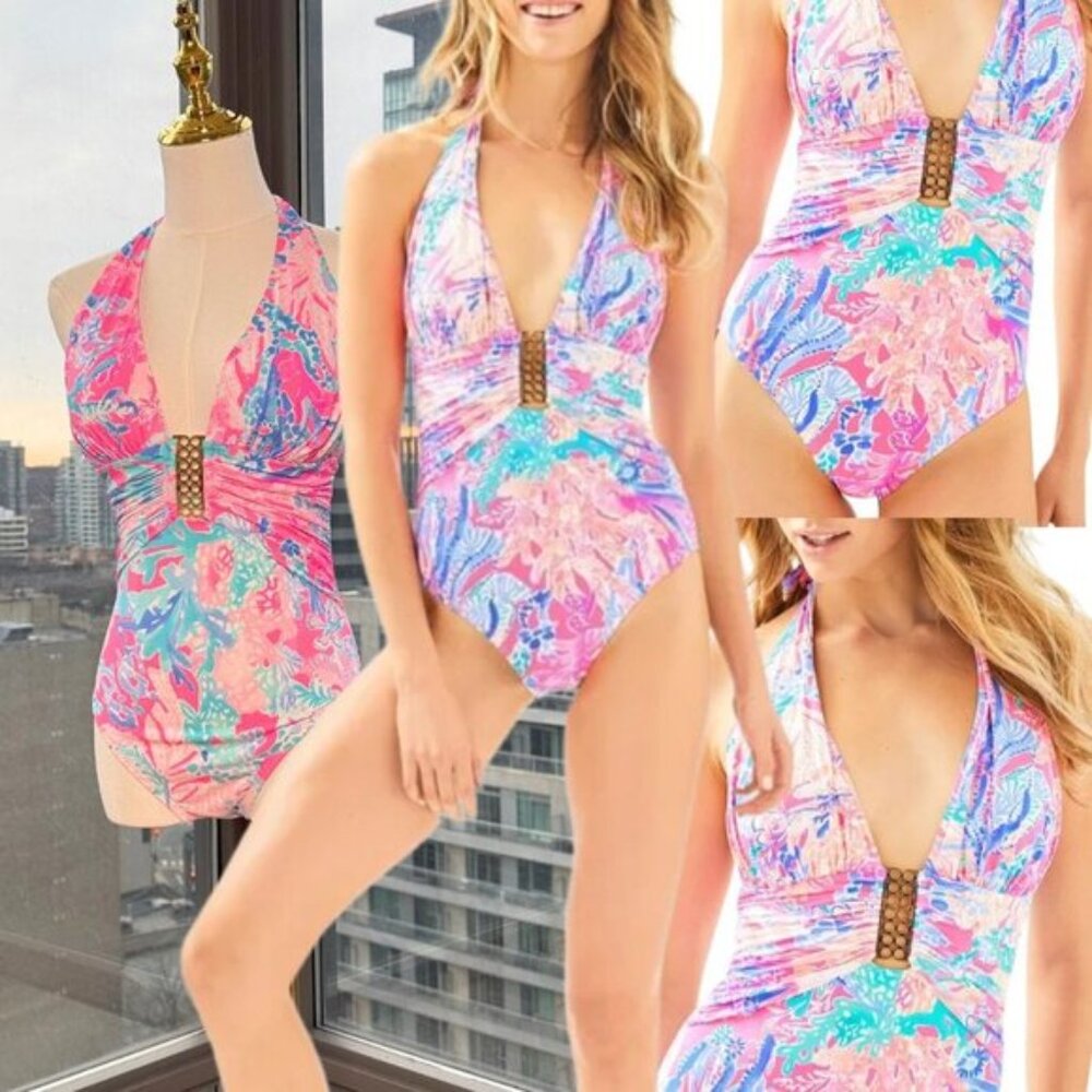 🆕 LILLY PULITZER 🧿 NWOT Lanai Halter 1PC Swimsuit, Light Pascha Pink - Sz 6